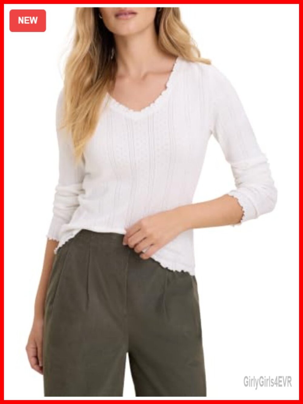 Long Sleeve V-Neck Pointelle Rib Tee Fitted Cotton Layering Top